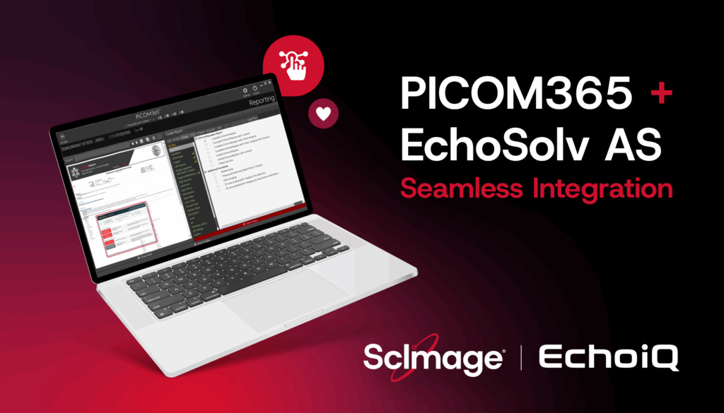 ScImage Partnership with Echo IQ Expands AI Capabilities Across MedAxiom-Affiliated Cardiology Networks 1 echo iq scimage integration on laptop with logos