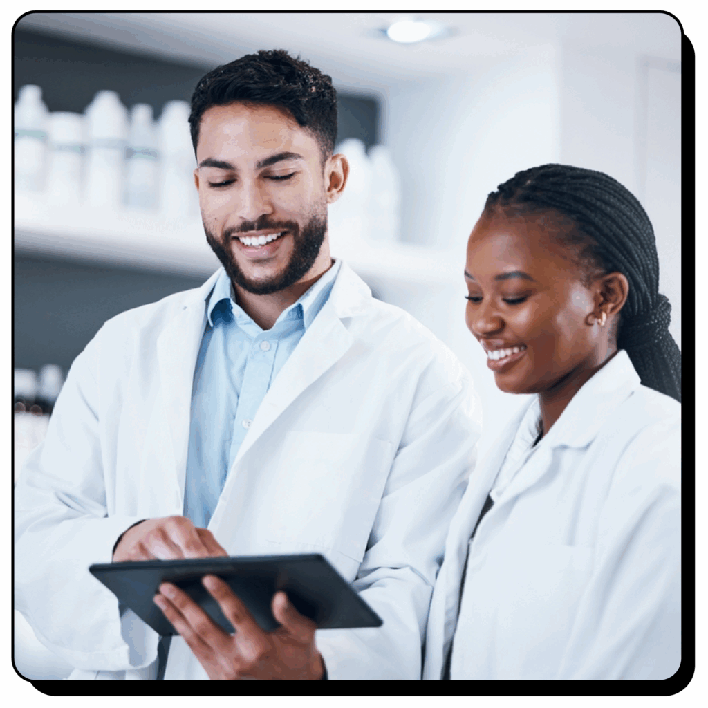 two doctors looking at tablet with cardiology pacs system interface