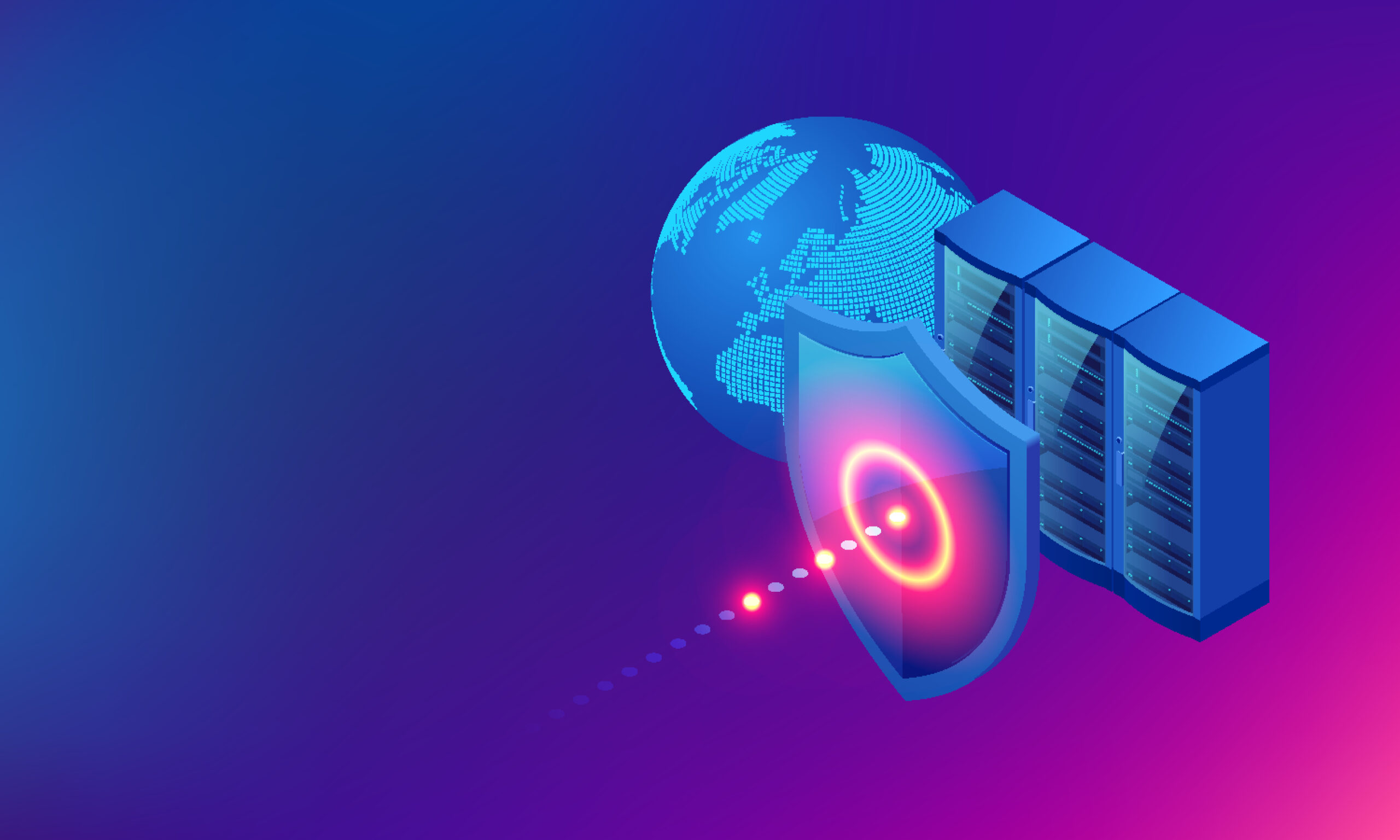 2C SECURE AND RELIABLE Animated globe and servers behind shield protection