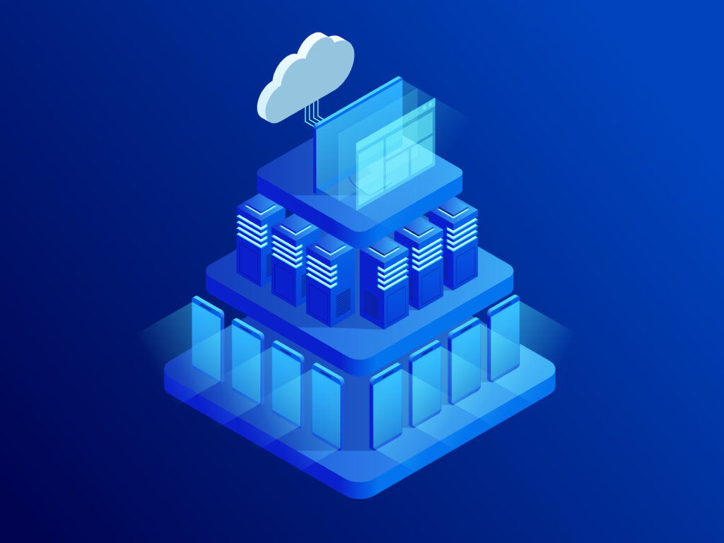 Illustration of a hybrid cloud model with on-premise servers integrated with cloud