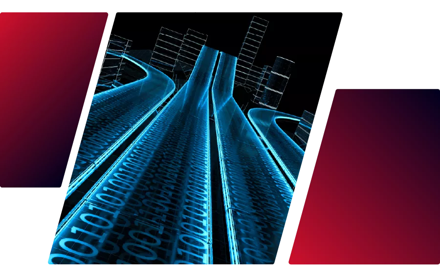futuristic tilted highway with electric blue binary data running through it